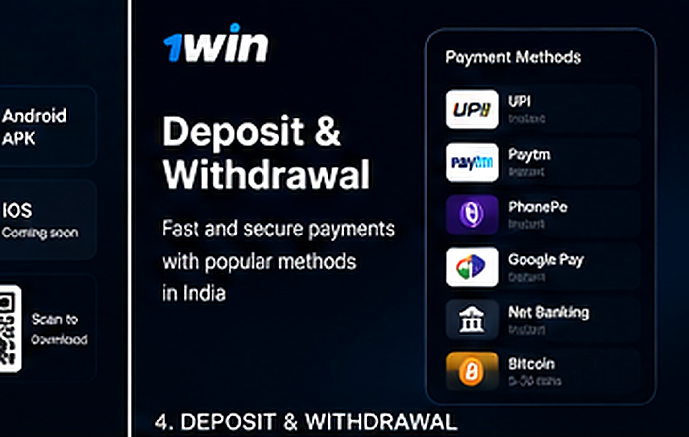 1win Deposit and Withdrawal India interface hero