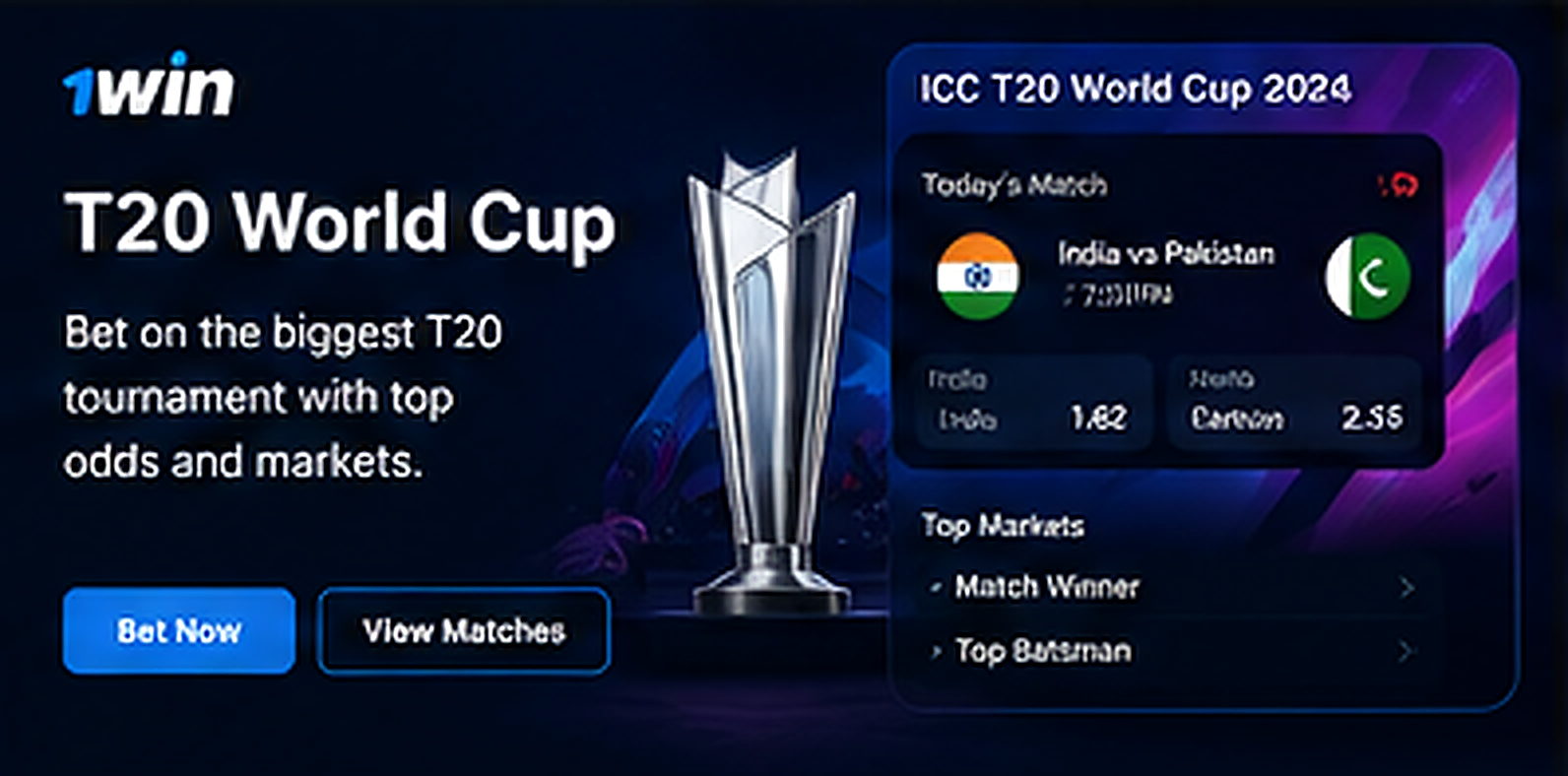 1win T20 World Cup Betting India interface hero